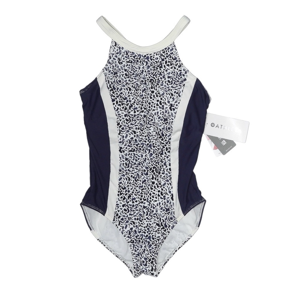 Athleta Zimbabwe One Piece Swimsuit 34D/DD Navy Blue Animal Print UPF 50+ NWT S
